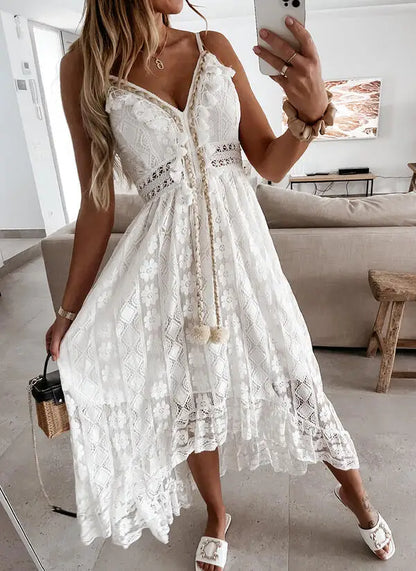 2024 Women's New Lace Dress V Neck Lace-up Cotton Regular Fit Sweet Maxi Dress Irregular Length Tassel Vacation Robes Mujer Boho