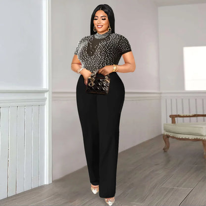Plus Size Beading Jumpsuit Female Sheer Patchwork Cloth Women One Piece Outfit Wide Leg Pant 2023 Summer Autumn Elegant Jumpsuit