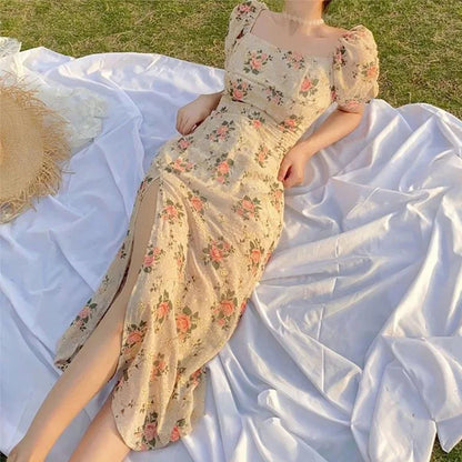 Side High Slit Bubble Sleeve Floral Dress For Women'S French Tea Break Medium Length Square Neck Slim Fit Dress Party Gift
