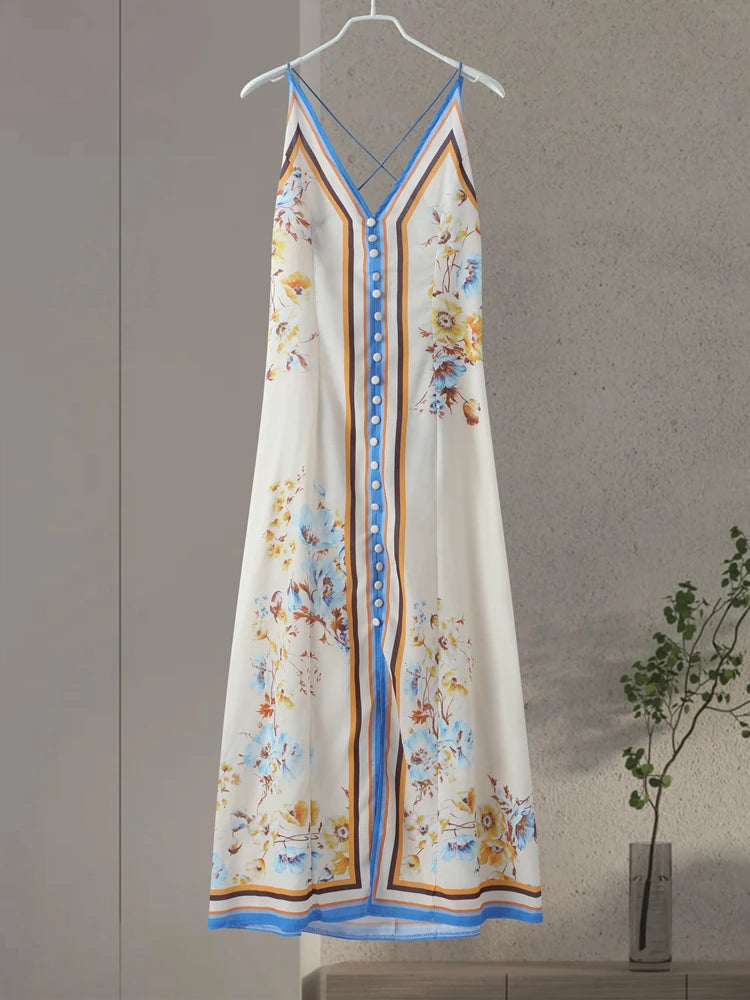 Chic Printed Hanging Neck Maxi Dress for Women 2024 Fashion Summer Sleeveless Female Dresses Vacation Beach Lady Backless Robes