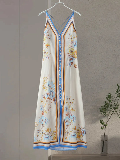 Chic Printed Hanging Neck Maxi Dress for Women 2024 Fashion Summer Sleeveless Female Dresses Vacation Beach Lady Backless Robes