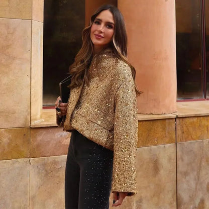 TRAF Metal SequinJackets for Women Coats Autumn Jacket New in Outerwears Round Neck Long sleeves Fashion 2023 Woman Coat
