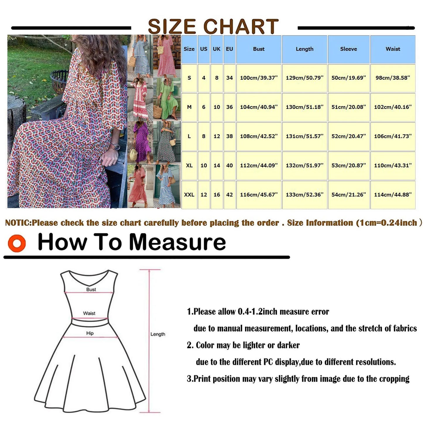 Women's Summer Casual Fashion Geometric Print Neckline Lace-up Bubble Middle-sleeves Ruffle Stitching Big Swing Long Losse Dress