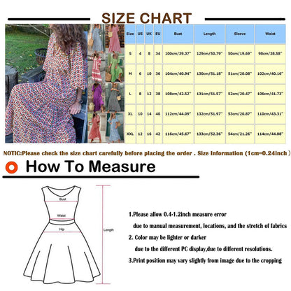Women's Summer Casual Fashion Geometric Print Neckline Lace-up Bubble Middle-sleeves Ruffle Stitching Big Swing Long Losse Dress
