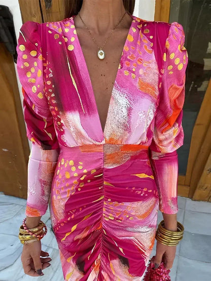 Elegant Print Pleated V Neck Contrast Maxi Dress Women Chic Long Sleeves Bodycon Vestidos 2024 Spring Summer Lady Party Dresses