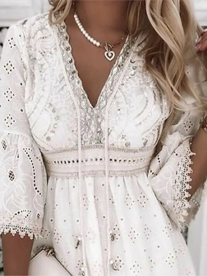 2024 Elegant Women White Hollow Lace Splicing Mini Dress Spring Summer V-neck Three Quarter Sleeve Ladies Vacation Beach Dresses