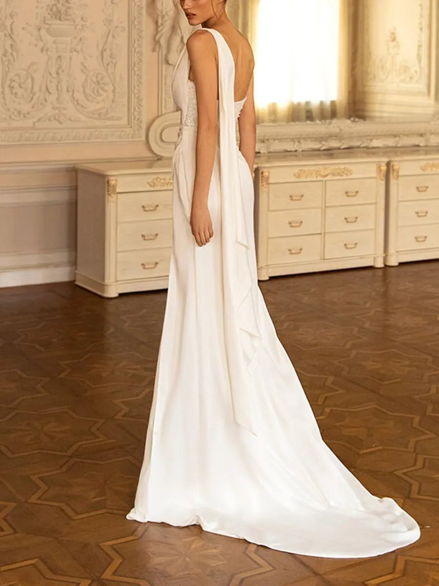 New Elegant Women's Wear White Embroidery Prom Dresses With High Split Satin Evening Gowns For Wedding Party Formal Dress
