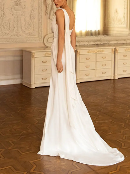 New Elegant Women's Wear White Embroidery Prom Dresses With High Split Satin Evening Gowns For Wedding Party Formal Dress