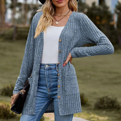 Front Button Pocket Coat Solid Color Cardigan Cozy Knitted Women's Winter Fall Coat Long Sleeve Soft Warm with for Ladies