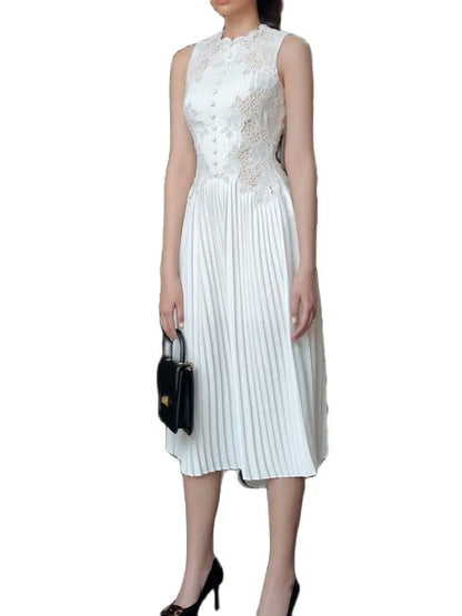 Dresses Women 2024 New Fashion White Sleeveless Summer Dress Ladies Lace Rose Embroidery Flower Elegant Long Dresses Vestidos