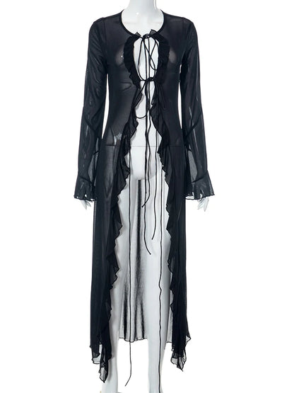 Hugcitar Mesh Long Sleeve Black See Through Cardigan Lace Up Sexy Midi Dress 2023 Summer Women Fashion Beach Party Club Outfit