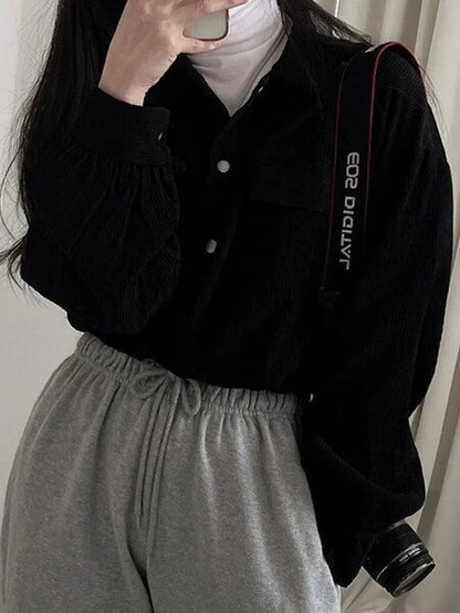 Vintage Corduroy Cropped Jacket Women Korean Fashion Long Sleeve Drawstring Blouses Female Casual Loose Single Breasted Coats