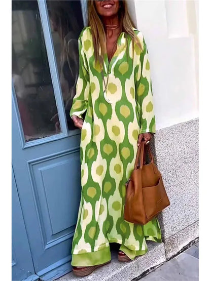 Women Geometric Printing Split Maxi Dress 2024 Autumn Causal V Neck Long Sleeve Dresses Female Holiday Beach Boho Dress Vestidos