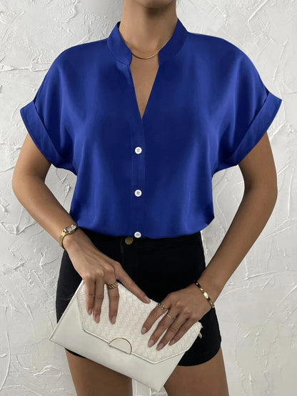 Casual V Neck Solid Shirt Blouse Office Lady Spring Summer Fashion Elegant Short Sleeve Slim Shirts For Women  White Tops