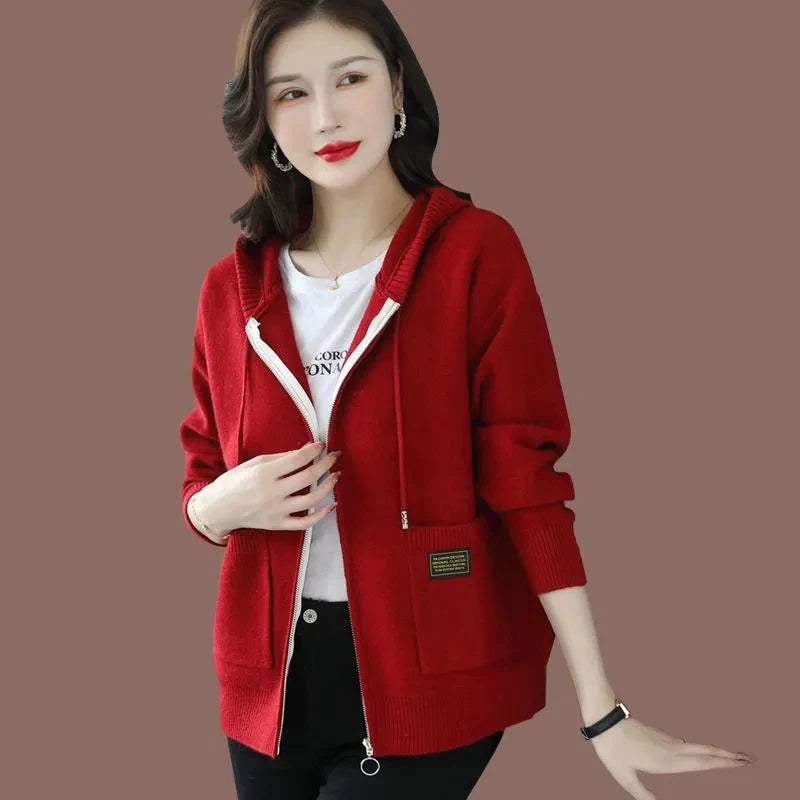 Women Hooded Knitted Cardigan Spring Autumn Large Size Casual Zipper Sweater Coat Korean Fashion Knitwear Female Tops 3XL Y1432