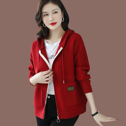 Women Hooded Knitted Cardigan Spring Autumn Large Size Casual Zipper Sweater Coat Korean Fashion Knitwear Female Tops 3XL Y1432