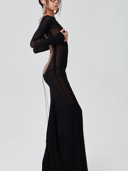 Women See Through Bodycon Long Dress Long Sleeve Mesh Sheer Maxi Dress Cross Tie Up Backless Club Party Dress Sexy Casual Daily