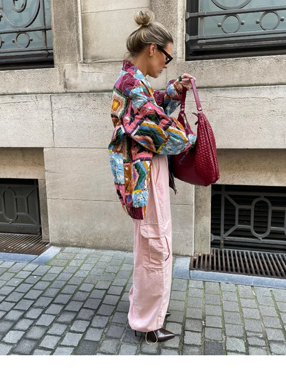 Fashion Print Quilted Jacket Women Casual Loose Long Sleeved Pocketed Zipper Coat 2024 Autumn Winter Commuting Female Overcoat