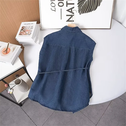 Cos Lris 2024 Summer New Product Women's Casual Versatile Design Sense Tie up Slim Fit denim blue shirt