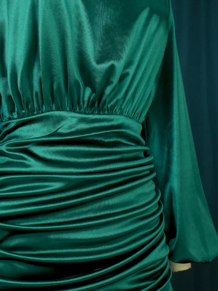 Pleated Green Satin Dresses Long Lantern Sleeve High Waist Soft Midi Evening Birthday Club Party Plus Size Outfits for Women 4XL