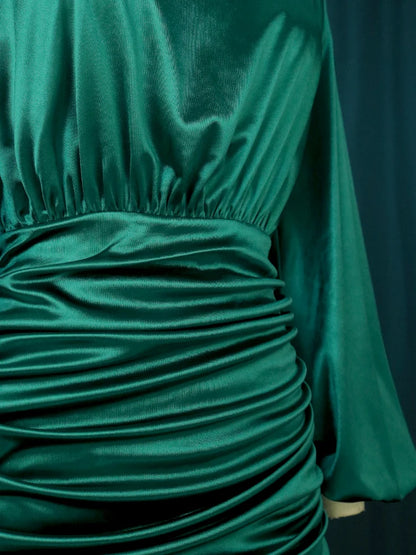 Pleated Green Satin Dresses Long Lantern Sleeve High Waist Soft Midi Evening Birthday Club Party Plus Size Outfits for Women 4XL