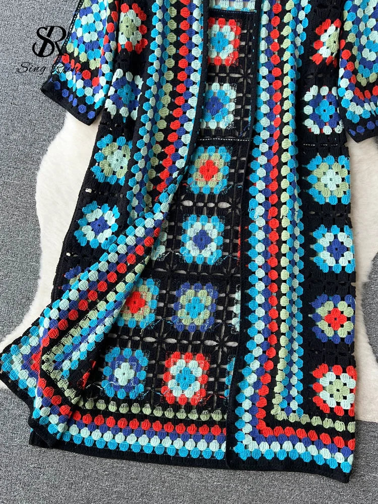 SINGREINY Summer Holiday Beach Long Cardigans Spring Fashion Vintage Floral Knit Cardigan Streetwear Loose Hollow Out Overcoat