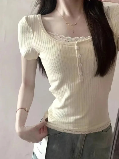 Fake Two Pieces Sweet Flower Print Women T-shirt Slim Long Sleeve Bottoming Crop Top Patchwork Lace Tees Y2k Aesthetic Fashion