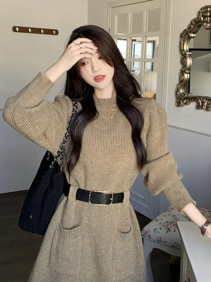 Autumn Winter Knitted Sweater Dress Women Vintage Knit Long Sleeve Mini Short Dresses with Belt