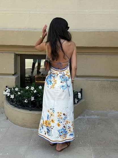 Chic Printed Hanging Neck Maxi Dress for Women 2024 Fashion Summer Sleeveless Female Dresses Vacation Beach Lady Backless Robes
