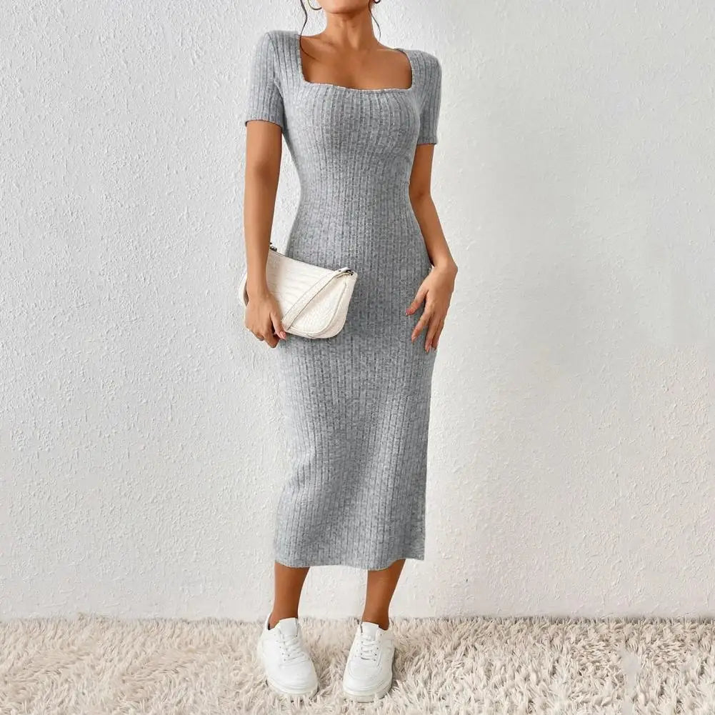 Women Dress Elegant Square Neck Midi Dress for Women Knitted Elastic Skinny Solid Color Summer Dress with Split Hem for Parties