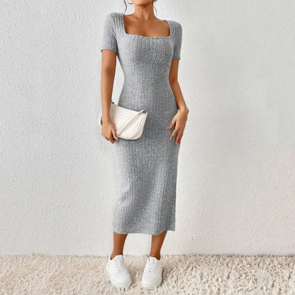 Women Dress Elegant Square Neck Midi Dress for Women Knitted Elastic Skinny Solid Color Summer Dress with Split Hem for Parties