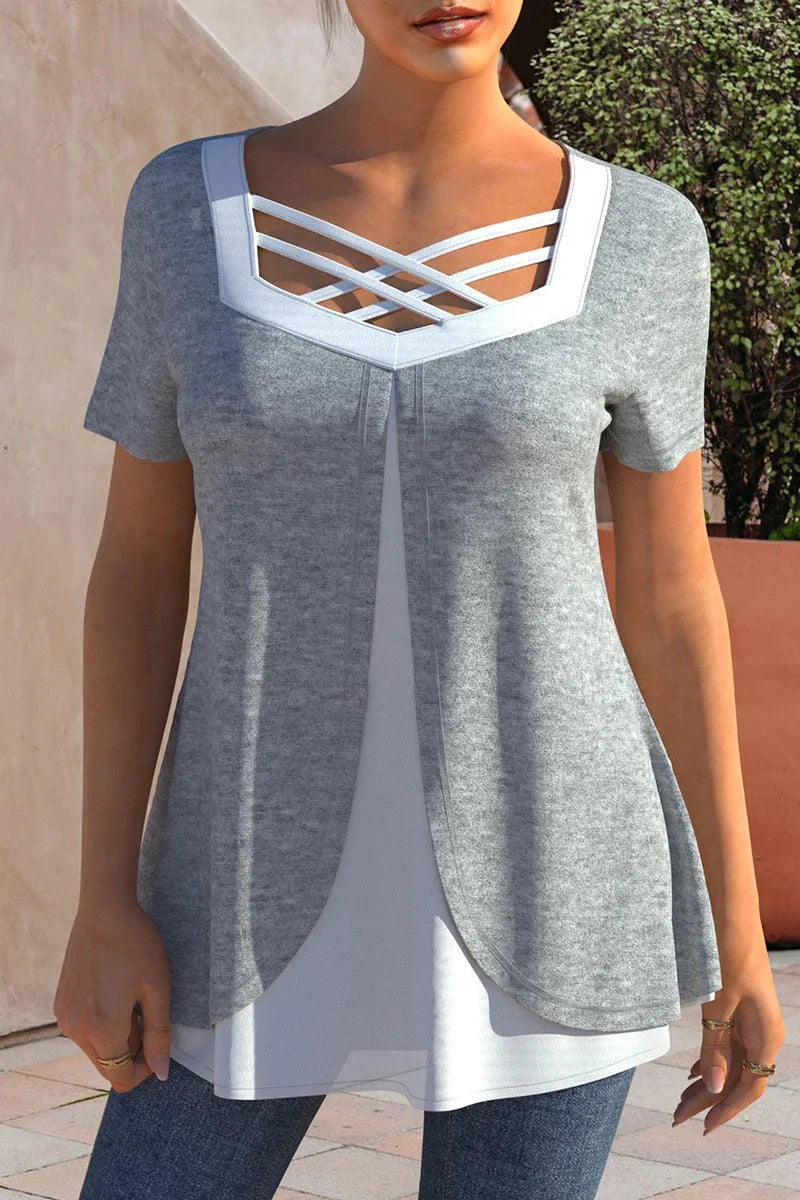 Plus Size Womens Short Sleeve T Shirt Cross Strap Casual Loose Patchwork Vintage Office Lady Tee Top Female Pullover Shirt