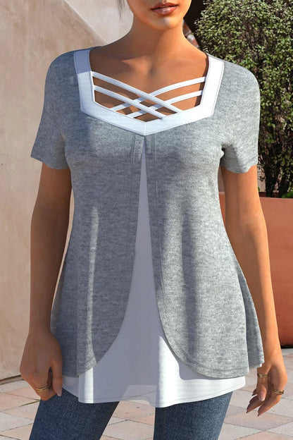 Plus Size Womens Short Sleeve T Shirt Cross Strap Casual Loose Patchwork Vintage Office Lady Tee Top Female Pullover Shirt