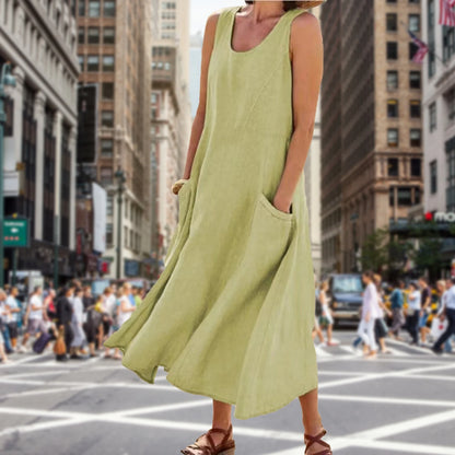 Summer Sleeveless Sundress Round Neck Pockets Loose Dresses European Fashion Casual Breathable Cotton Linen for Weekend Vacation