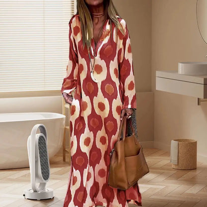 Women Fall Spring Dress V Neck Lapel Long Sleeve Color Matching Print Oversized Pullover Soft Split Hem A-line Loose Vintage Lad