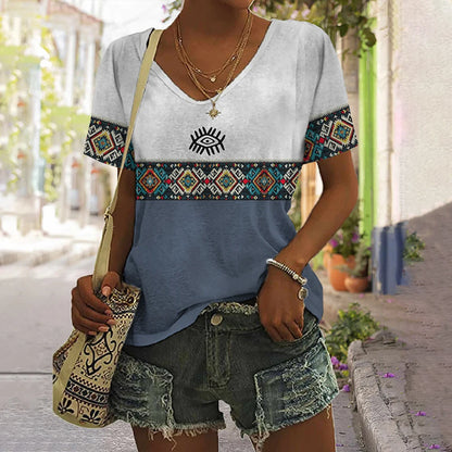 Vintage Shirt For Women Totem Printed Ethnic Style Women's Clothing Summer Casual Short Sleeved Tops Tees Oversized T-Shirt