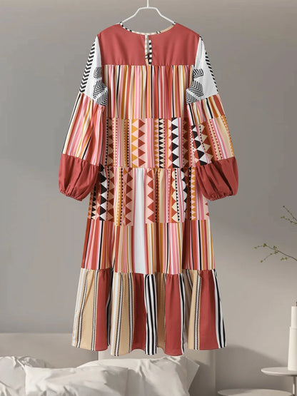 Printed Elegant Long Dress Women Long Lantern Sleeve V-neck Colorful Ruffled Hem Loose Pleated Dresses Female Spring Holiday