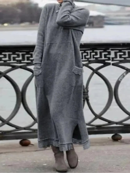 2024 Autumn Winter Plus Velvet Hoodie Dresses For Women Knitted Flower Lace Edge Loose Maxi Dress Casual Long Vestido Female New