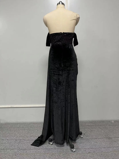 Sexy Backless Evening Party Dress for Women Black Lace Chest Wrapping Off the Shoulder Split Mermaid Prom Gown Maxi Dresses