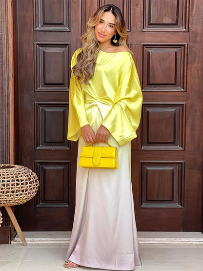 Summer Tie-dye Printed Elegant V Neck Knot Maxi Dress Women  Contrasting Loose Long Sleeve Vestidos Female Vacation Party Robes