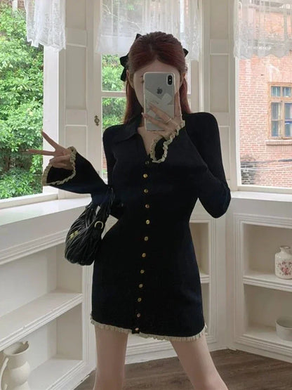 Deeptown Coquette Black Mini Cabaret Dress Women Korean Style Y2k Sweet Ruffles Long Flare Sleeve Tunic Knitted Dresses Autumn