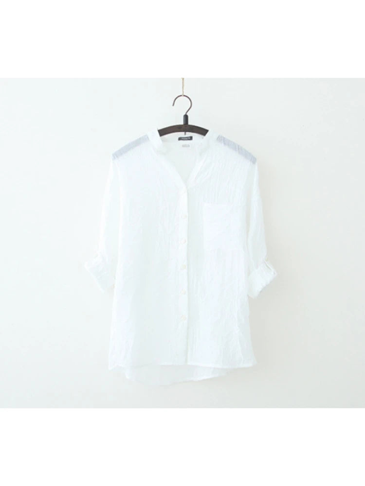 Casual Long Seleeve Literature Femal Autumn Blouse Cotton Linen Shirt Woman Vintage Winter Loose Stand-up Collar Shirt