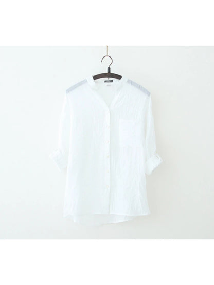 Casual Long Seleeve Literature Femal Autumn Blouse Cotton Linen Shirt Woman Vintage Winter Loose Stand-up Collar Shirt