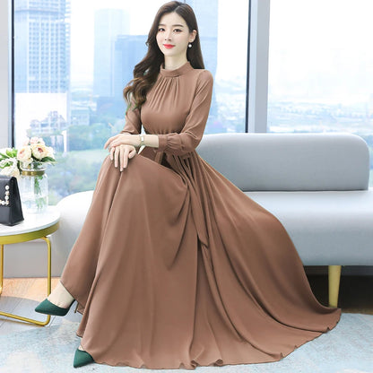 Spring Autumn Maxi Dresses Fashion Female Vintage Full Sleeve Solid A-line Casual Chiffon Dress Women Long Dresses Muslim Dress