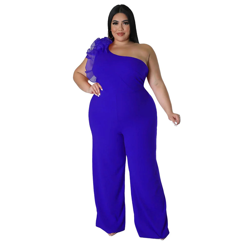 Plus Size Women's Jumpsuits Casual Single Shoulder Gauze Mesh Wide Leg Pants Fashion Solid Color Large Size Female Jumpsuit
