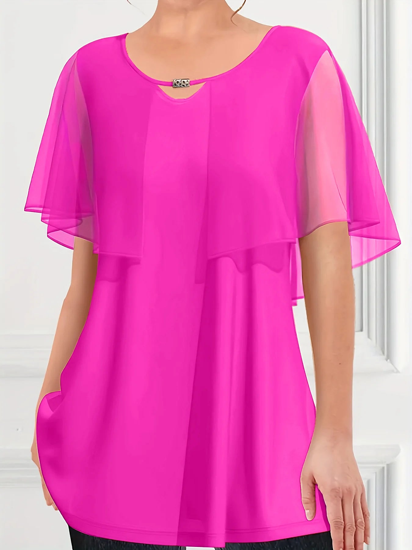 Women Plus Size Dressy T Shirt Royal Blue Chiffon Flutter Sleeve Double Layer Cut Out Fake Two Pieces Pleated A-Line Summer Top