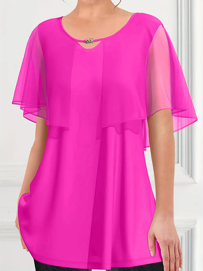 Women Plus Size Dressy T Shirt Royal Blue Chiffon Flutter Sleeve Double Layer Cut Out Fake Two Pieces Pleated A-Line Summer Top