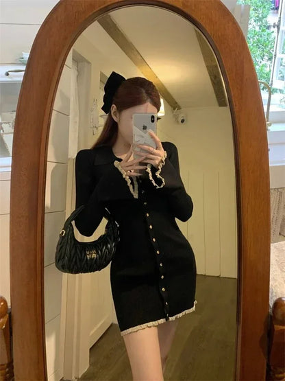 Deeptown Coquette Black Mini Cabaret Dress Women Korean Style Y2k Sweet Ruffles Long Flare Sleeve Tunic Knitted Dresses Autumn