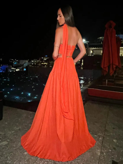 New Sexy Solid Female Dress Halter Sleeveless Backless Naked Waist High Split Robe Summer Chic Beach Vacation Women Clothing