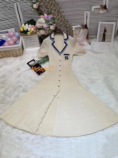 Modphy Elegant Slim Knitted Long Dress Women's Letter Single Breasted Long Sleeved Designer Vintage Dresses Autumn